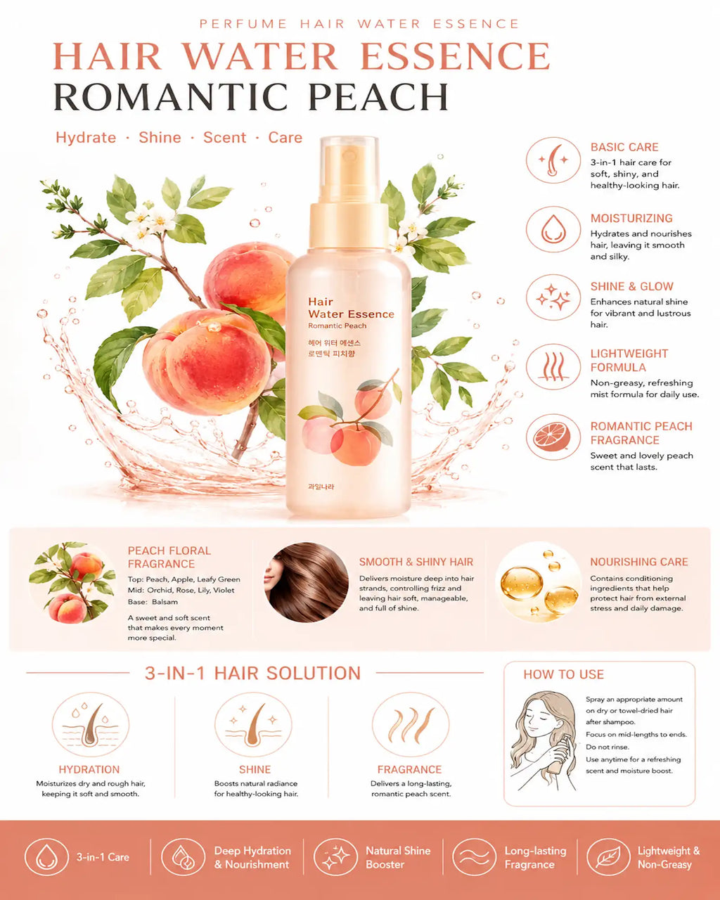 Fruitland - Hair Water Essence – Romantic Peach 110ml