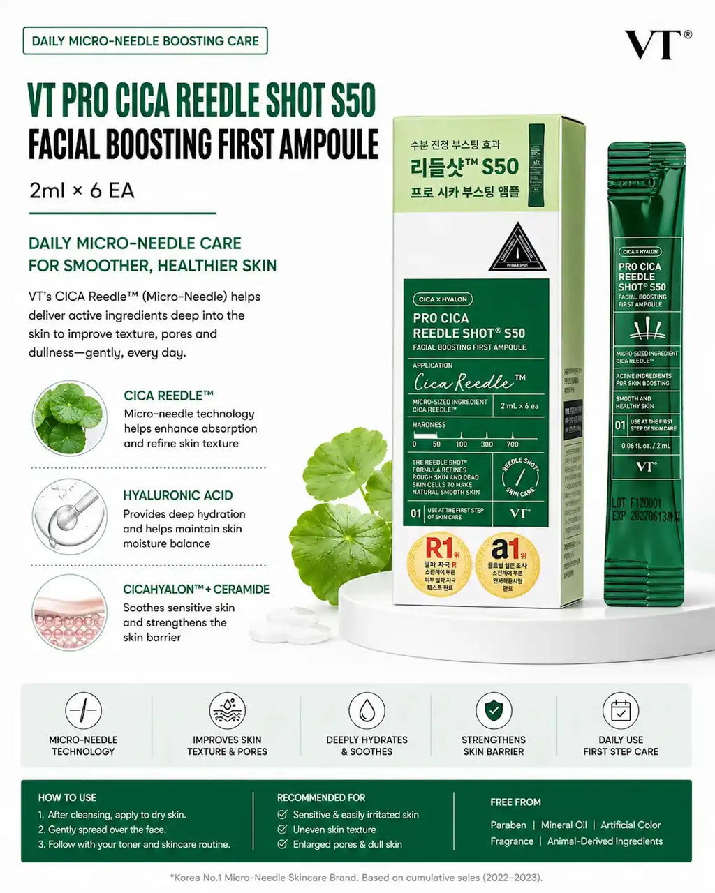 VT Cosmetics - Reedle Shot Cica Hyalon S50 Facial Boosting First Ampoule (2ml x 6pcs)
