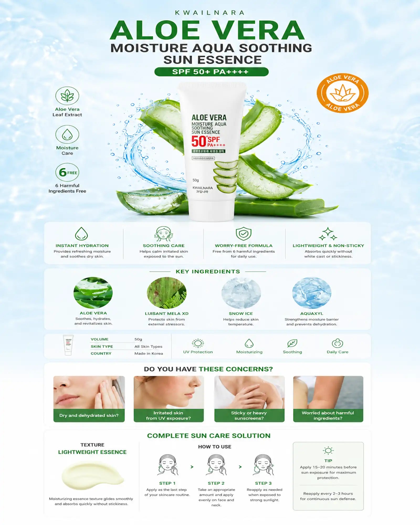 Fruitland - Aloe Vera Moisture Aqua Soothing Sun Essence SPF50+ PA++++